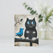 おびえた黒猫と青い鳥が枝に ポストカード (スタンド正面)