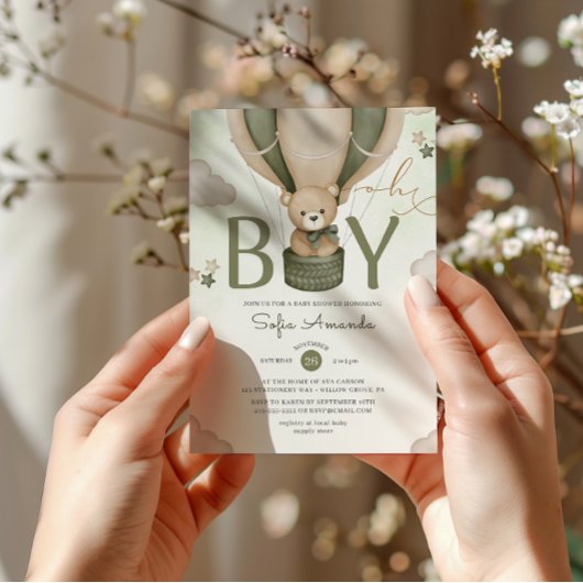 おぼっちゃま ウォーターカラー テディベア 緑のベビーシャワー 招待状