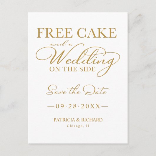 おまけのケーキと横の結婚式 セーブ・ザ・デート ポストカード (正面)