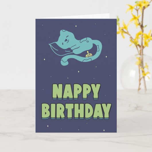 おむつおもしろいの誕生日かわいい子猫が寝て カード (黄色い花)