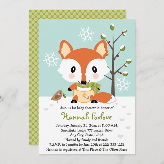 おむつのベビーシャワーの冬のベビーのキツネ 招待状 (正面/裏面)