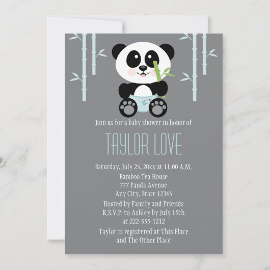 おむつのベビーシャワーの青いタケパンダ 招待状 (正面)