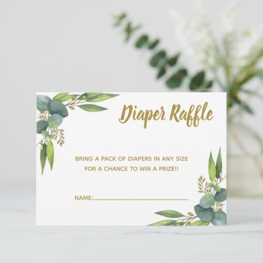 おむつのラッフルの緑の草木の金ゴールドのベビーシャワーの挿入物 エンクロージャーカード (スタンド正面)