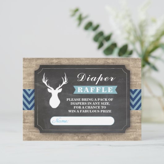おむつのラッフルの雄鹿のベビーシャワーの素朴な男の子の青 エンクロージャーカード (スタンド正面)
