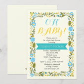 おむつまき シャワー 水色と黄色の花のふち 招待状 (正面/裏面)