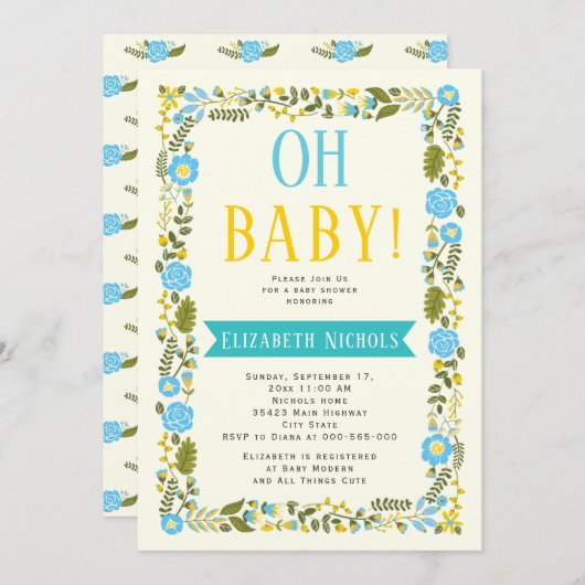 おむつまき シャワー 水色と黄色の花のふち 招待状 (正面/裏面)