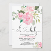 おむつケーキ ベビー ブラッシュピンクのベビーシャワー フラワーの水彩画 招待状 (正面)