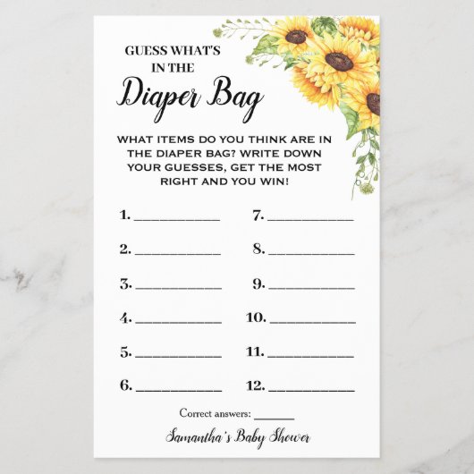 おむつバッグの赤ちゃんシャワーゲームカードに何が チラシ (正面)