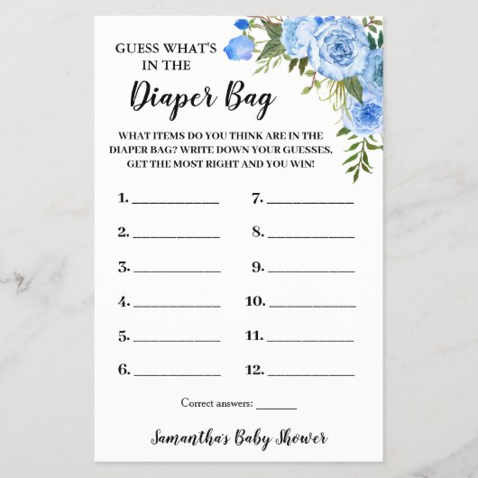 おむつバッグベビーシャワーゲームカードの青いwhats チラシ (正面)