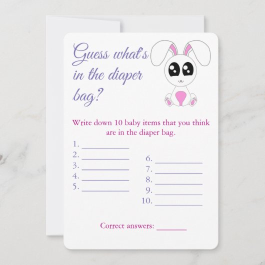 おむつバッグ、ベビーシャワーゲームカードフライヤー、うさぎ 招待状 (正面)
