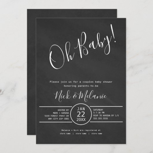 おむつモダンのラッフルを使った黒板ベビーシャワー 招待状 (正面/裏面)