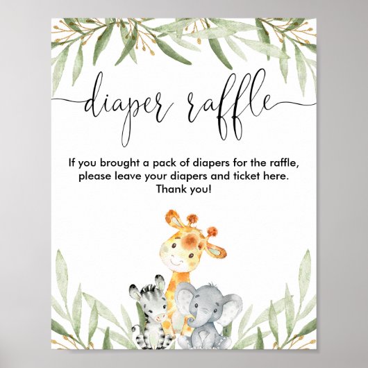 おむつラッフルの看板かわいいサファリ動物の緑 ポスター (正面)