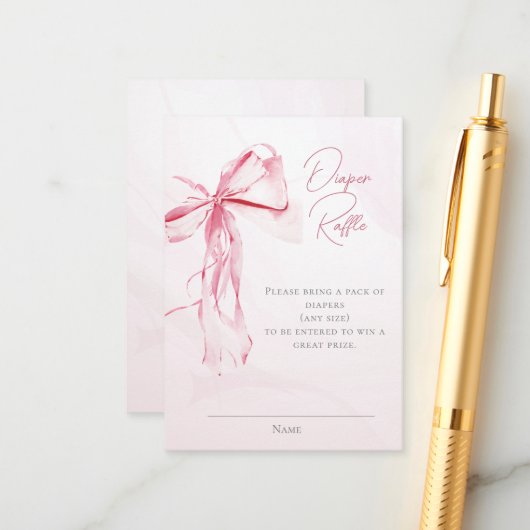 おむつラッフルウォーターカラーピンクボウガール赤ちゃんシャワー エンクロージャーカード (正面/裏面インサイチュ)