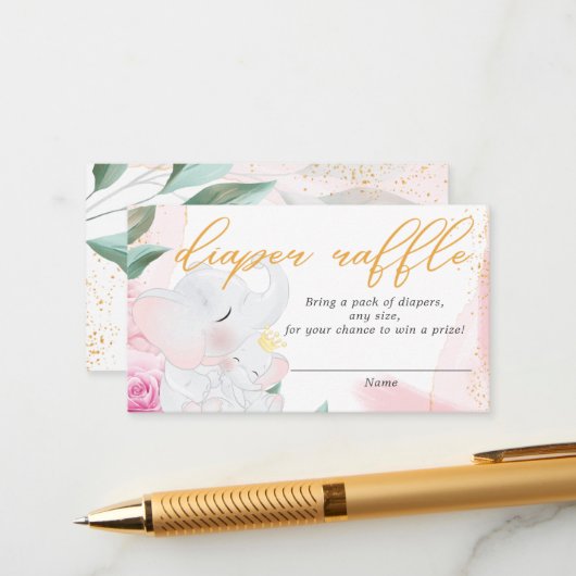 おむつラッフルエレファントガールベビーシャワー エンクロージャーカード (正面/裏面インサイチュ)