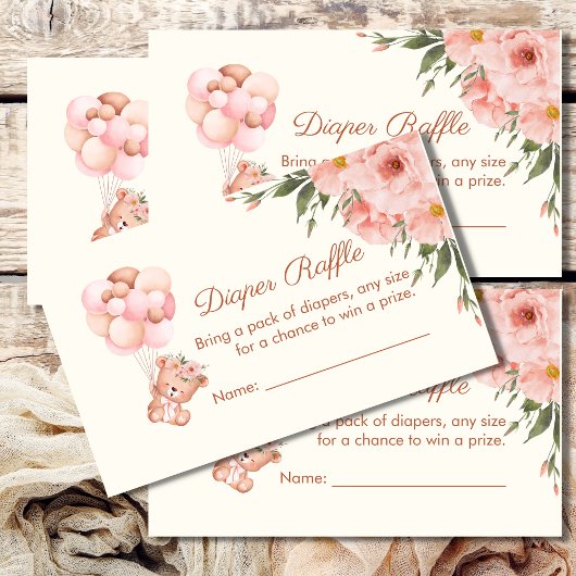 おむつラッフルカードかわいいクマのバルーンピンクの花 エンクロージャーカード