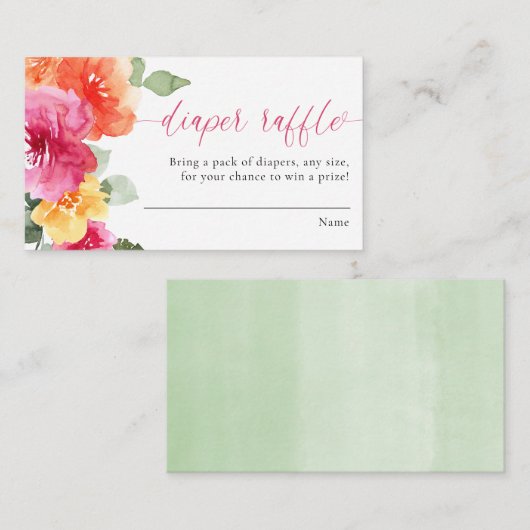 おむつラッフルカード女の子の赤ちゃんシャワーピンクフローラ エンクロージャーカード (正面/裏面)