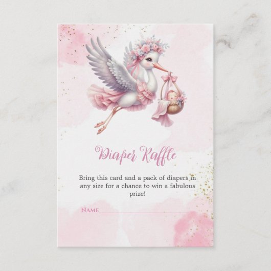 おむつラッフルカード – ピンクストーク赤ちゃんガールシャワー エンクロージャーカード (正面)