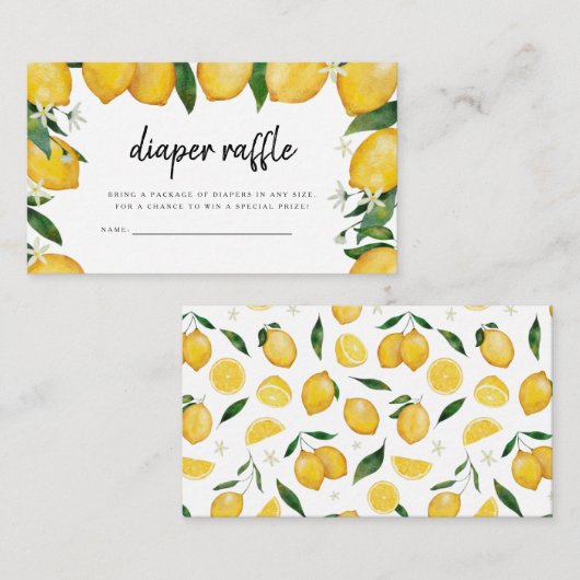 おむつラッフルカード、レモンをテーマにした赤ちゃんシャワー エンクロージャーカード (正面/裏面)