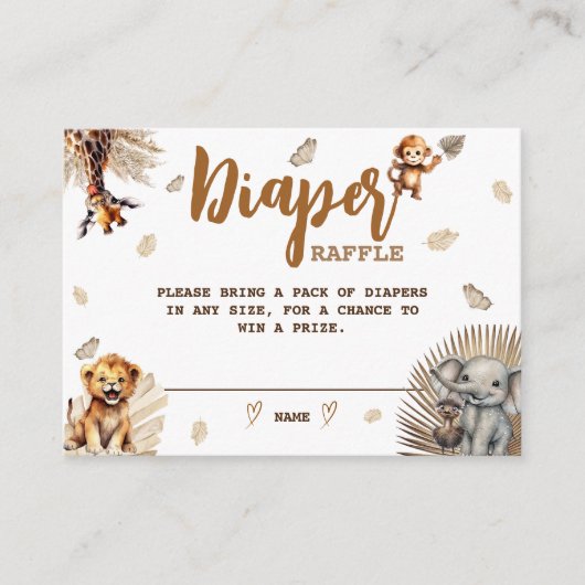 おむつラッフルサファリかわいい動物ボホベビーシャワー エンクロージャーカード (正面)