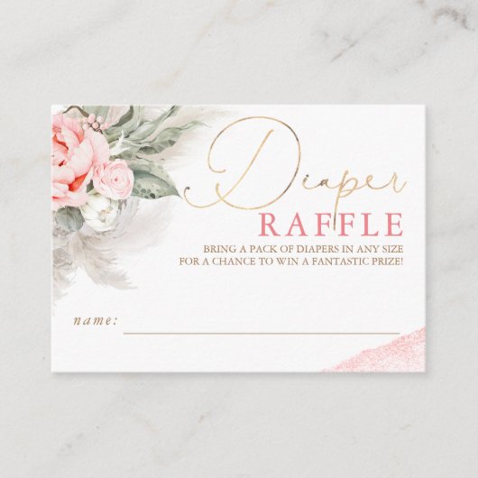 おむつラッフルソフトピンクフローラベビーシャワーチケット エンクロージャーカード (正面)