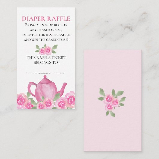 おむつラッフルピンクフローラティーポットベビーシャワー エンクロージャーカード (正面/裏面)