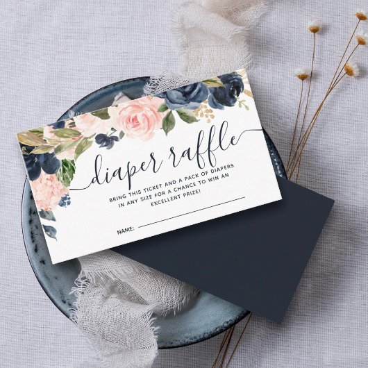 おむつラッフルベビーシャワーピンクネイビーブルーフローラ エンクロージャーカード