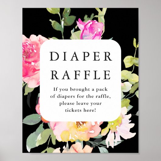 おむつラッフルベビーシャワーフローラブラック ポスター (正面)