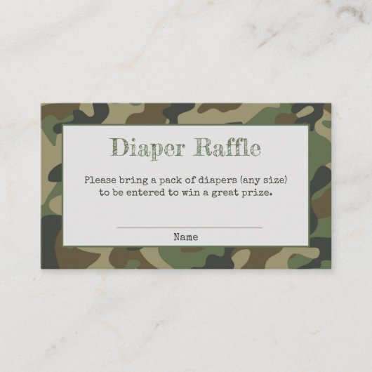おむつラッフルボーイ赤ちゃんシャワー迷彩柄 エンクロージャーカード (正面)