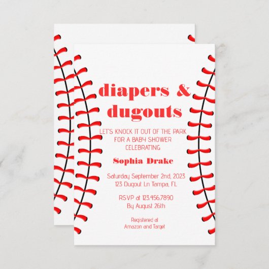 おむつ及びダグアウト野球赤ちゃんシャワー招待状 招待状 (正面/裏面)
