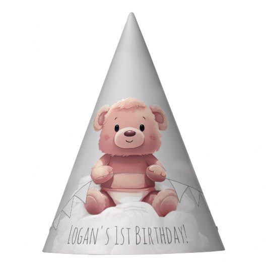 おむつ山の上にかわいいテディベア1歳の誕生日 パーティーハット (正面)