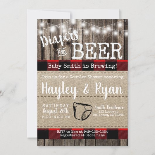 おむつ&ビールバッファロープレイドベビーカップルシャワー 招待状 (正面)