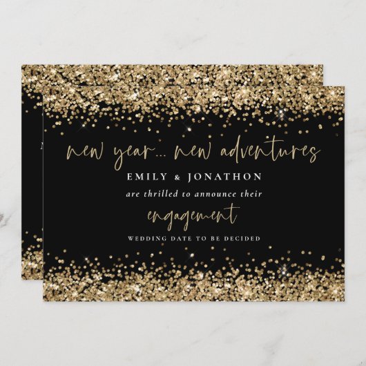 おめでたいニュースを華やかに 新年の新しい冒険 ゴールドグリッターエンゲージメント 案内状 (正面/裏面)
