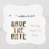 おめでたい日をお知らせします - ゴールドの洗練されたタイポグラフィーの結婚式 セーブザデート (正面/裏面)
