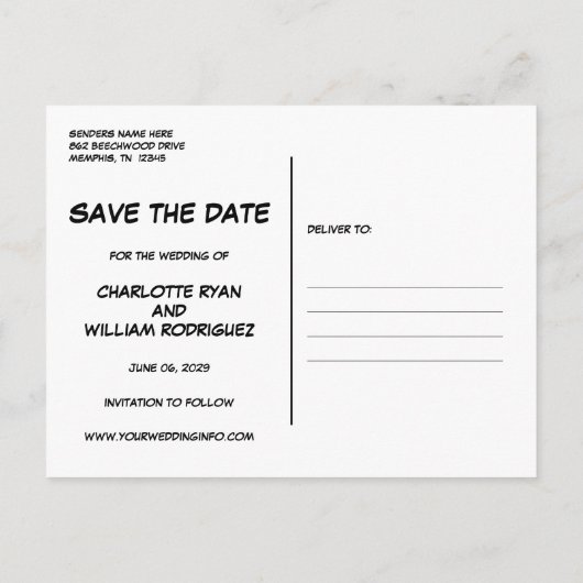 おめでたい日を楽しく知らせる 現代風コミックブックのウェディングデザイン 案内ポストカード (裏面)