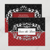 おめでたい日 赤と黒のエレガントなスクロールカスタムを保存 招待状 (正面/裏面)
