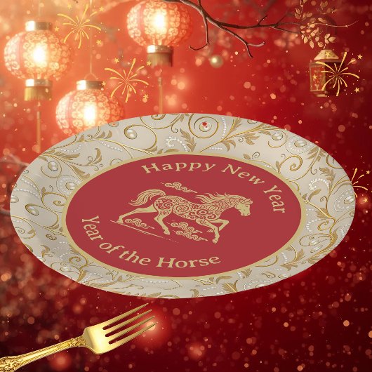 おめでたい金赤のお正月デザイン 馬年 ペーパープレート