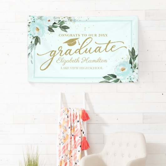 おめでとうから大学院ティール（緑がかった色）フローラのパーティー 横断幕 (インサイチュ)