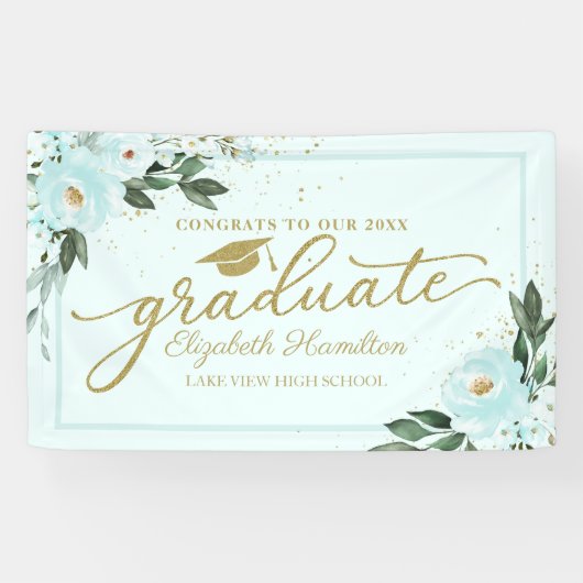 おめでとうから大学院ティール（緑がかった色）フローラのパーティー 横断幕 (横)