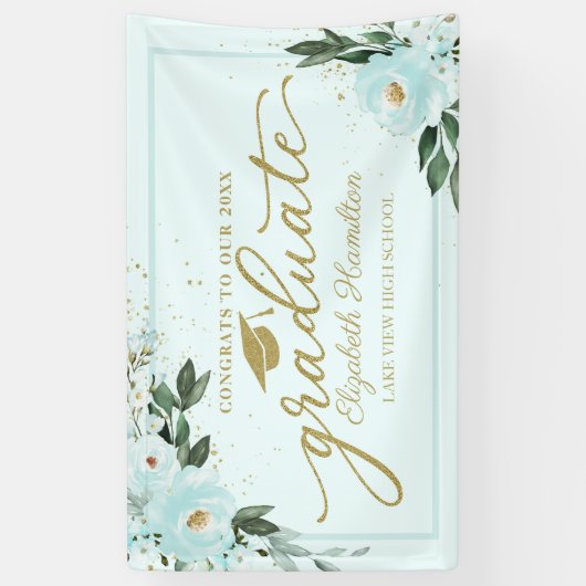 おめでとうから大学院ティール（緑がかった色）フローラのパーティー 横断幕 (縦)