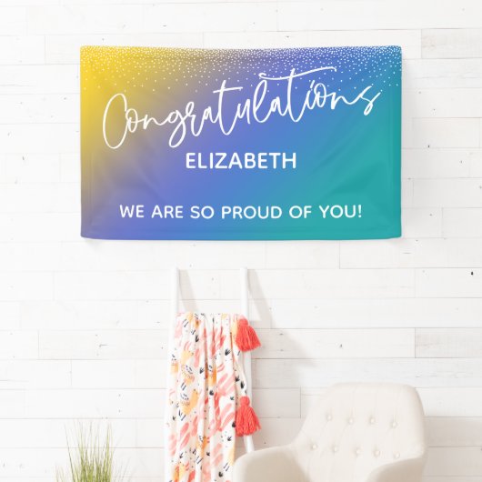 おめでとうございますイエローブルー&ティール（緑がかった色） グラデーション 横断幕 (インサイチュ)