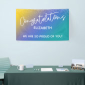 おめでとうございますイエローブルー&ティール(緑がかった色) グラデーション 横断幕 (トレードショー)