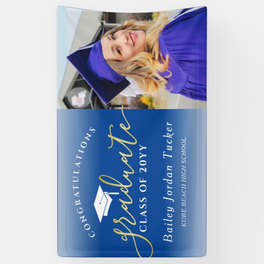 おめでとうございますスクリプトブルー金ゴールド写真卒業 横断幕 (縦)