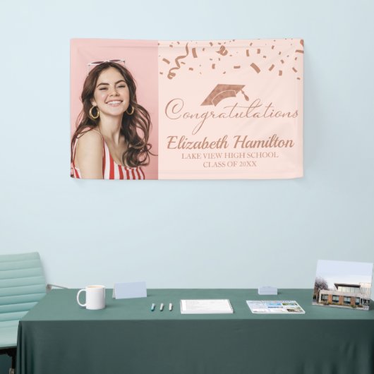 おめでとうございますバラ金ゴールドピンク写真卒業 横断幕 (トレードショー)