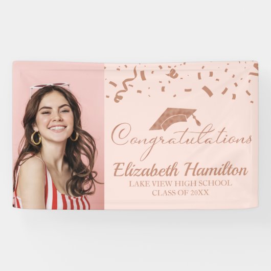 おめでとうございますバラ金ゴールドピンク写真卒業 横断幕 (横)