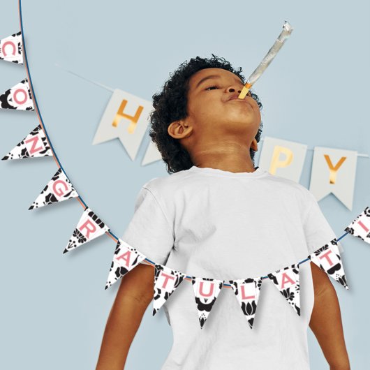 おめでとうございますピンクブラック&ホワイトベビーガール バンティングフラッグ