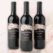 おめでとうございますピンクブラック+金ゴールド水彩バラ ワインラベル