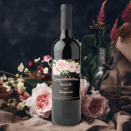 おめでとうございますピンクブラック+金ゴールド水彩バラ ワインラベル