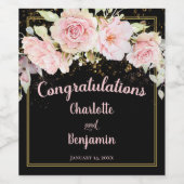 おめでとうございますピンクブラック+金ゴールド水彩バラ ワインラベル (シングルラベル)