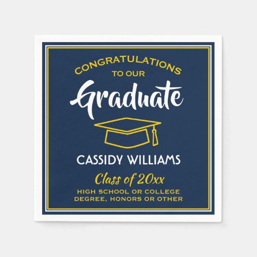 おめでとうございますブルー金ゴールドイエロー卒業パーティー スタンダードカクテルナプキン (正面)