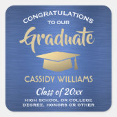 おめでとうございますブルー金ゴールドホワイトモダン卒業 スクエアシール (正面)